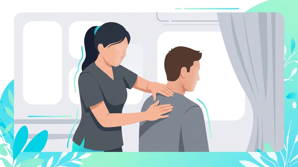 Ilustración de una fisioterapeuta que coloca las manos sobre el hombro y la parte alta de la espalda de un paciente sentado, en una sala de tratamiento individual